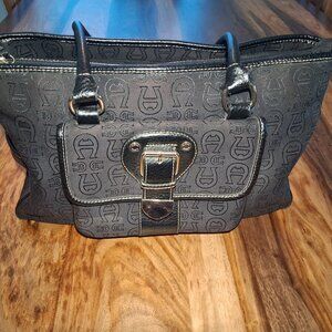 Etienne Aigner Black Signature A Logo Tote Shoulder Handbag Organizer Work Bag